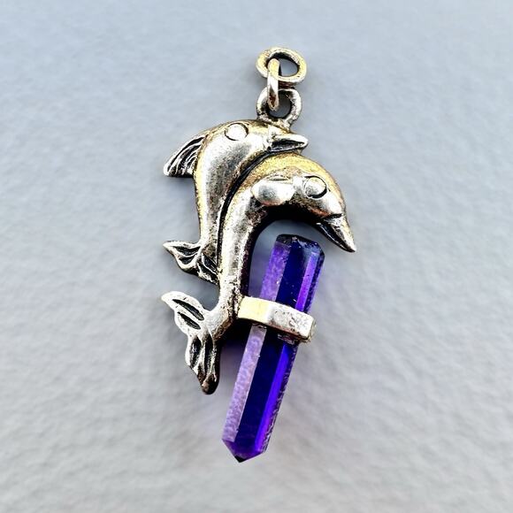 Unbranded Jewelry - Sterling Silver Dolphin Charm Pendant w Purple Amethyst Glass Crystal Point 925